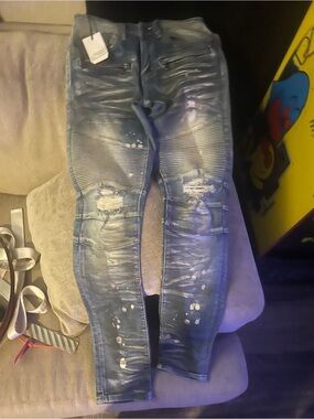 Slim Fit Embellish NYC Distressed Biker Blue Skinny Jeans for Men 28 Waist